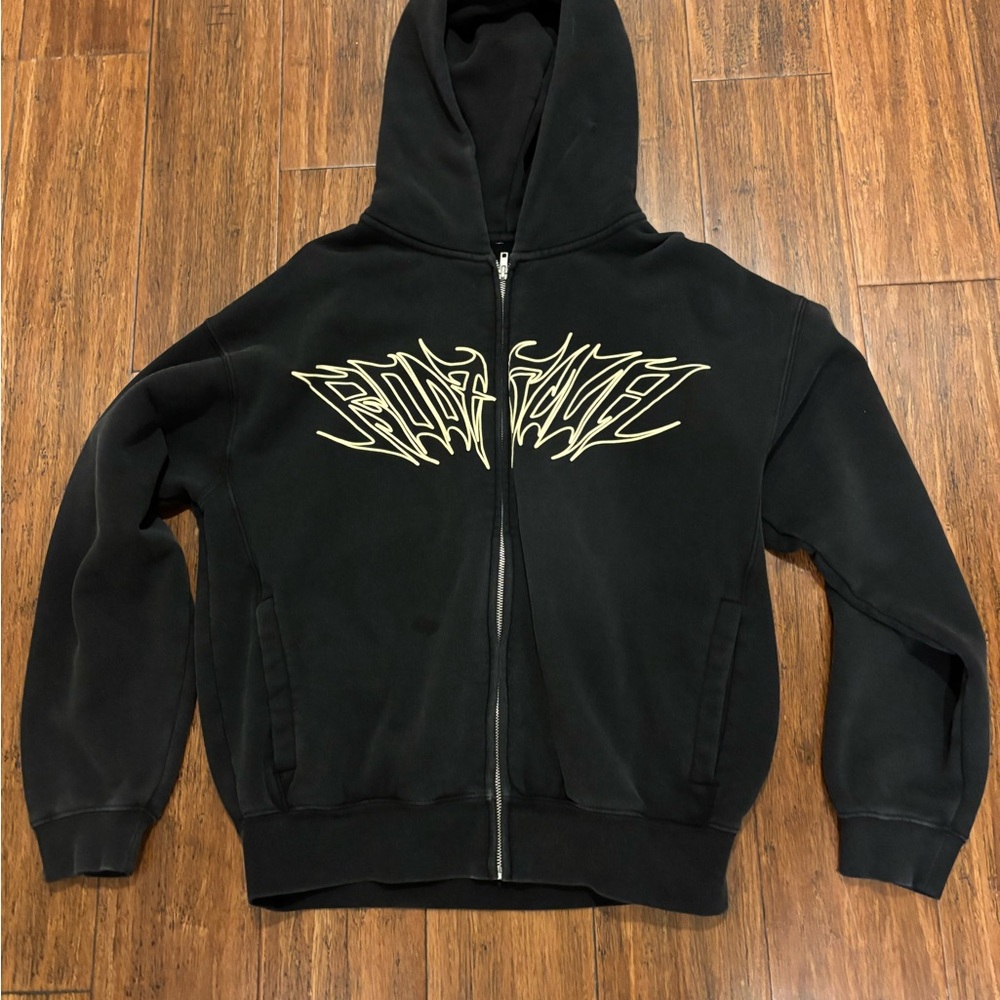 PacSun Black Zip Up Sweater with Gold Graphic
